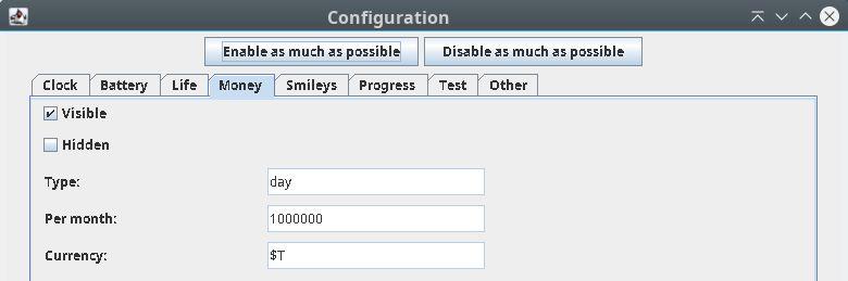 "Config" window - money